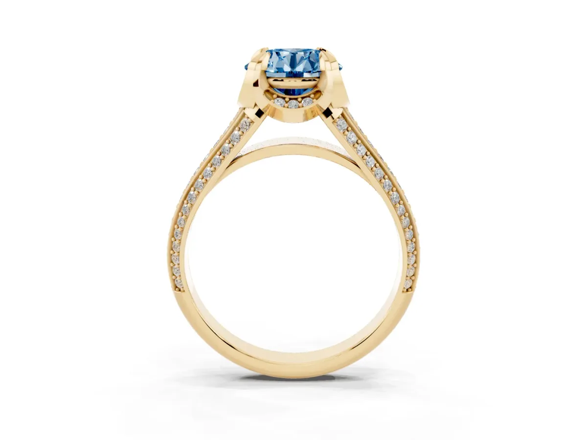 Fancy Blue Round Cut Solitaire Pave Split Shank Ring with Four-Prong Setting Yellow gold