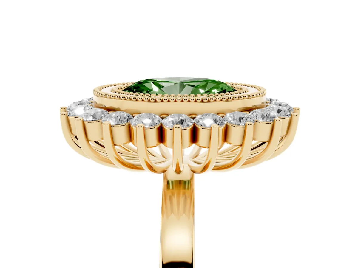 Fancy Green Oval Cut Halo Diamond Ring with Milgrain Edge and Round Prong Setting Yellow gold