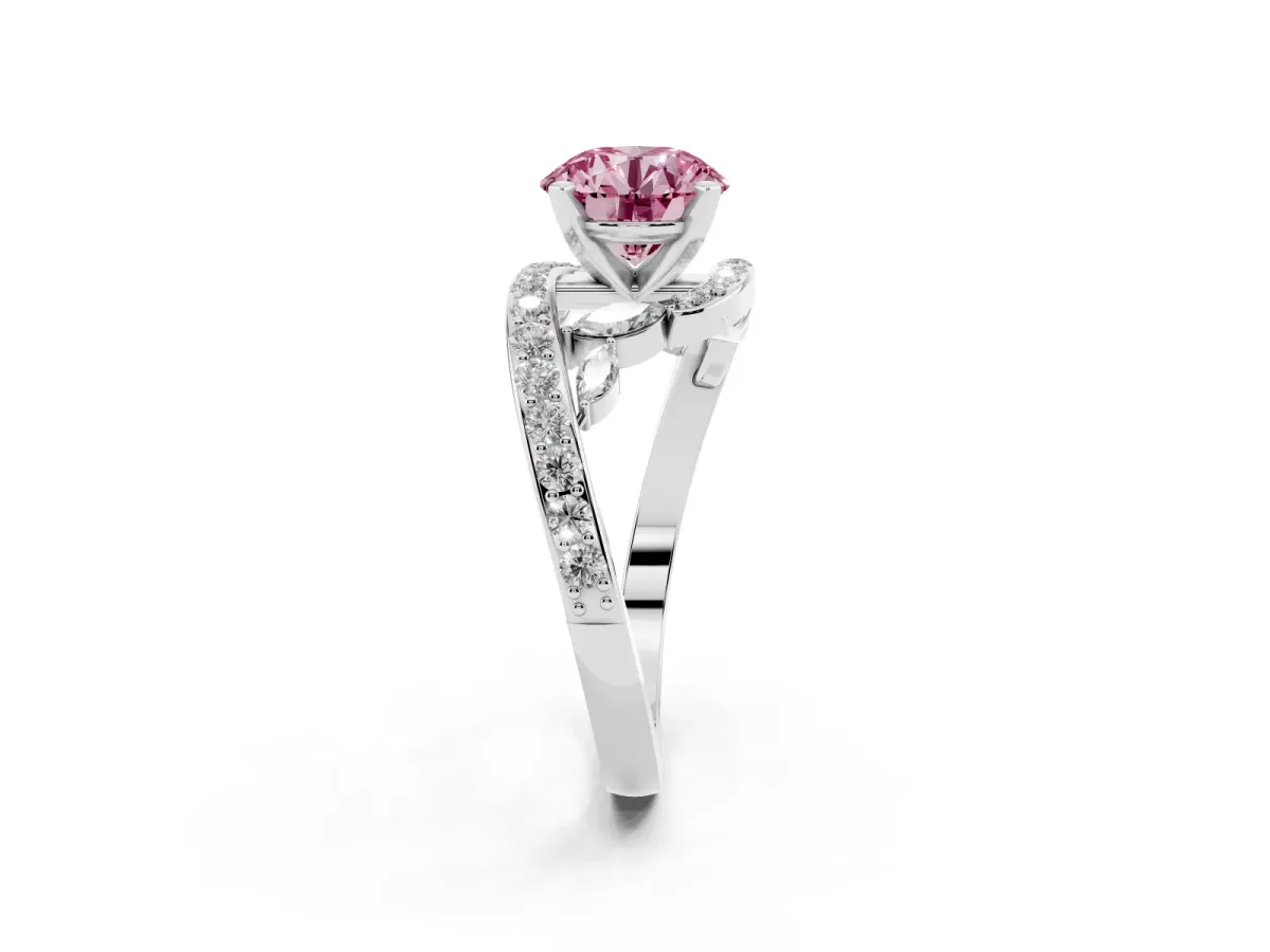 Fancy Pink Round Cut Solitaire with Pavé Twist Band and Four-Prong Setting Silver