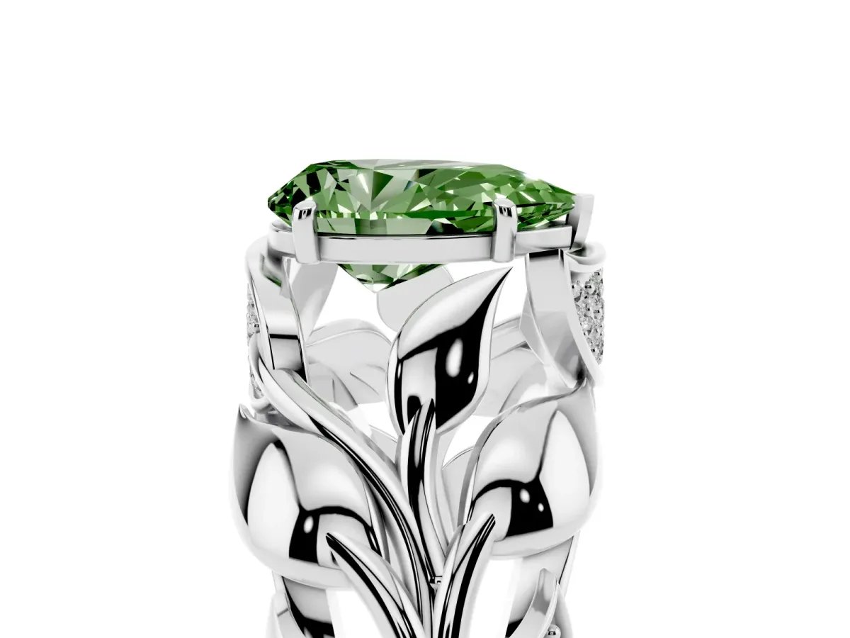 Fancy Green Pear Cut Diamond Leaf-Inspired Engagement Ring with Round Accents and Prong Setting Silver