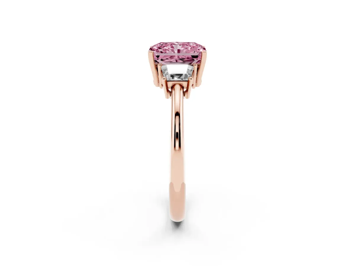 Fancy Pink Radiant Cut Diamond Three-Stone Ring with Trapezoid Side Stones and Prong Setting Rose gold