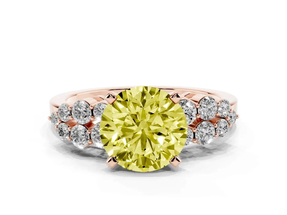 Fancy Yellow Round Cut Cluster Diamond Engagement Ring with Pavé Band and Four-Prong Setting Rose gold
