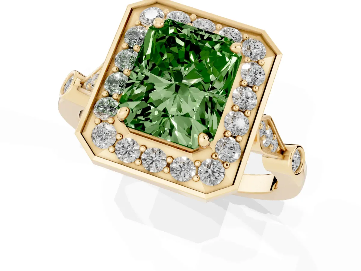 Fancy Green Radiant Cut Halo Diamond Engagement Ring with Twisted Band and Four-Prong Setting Yellow gold