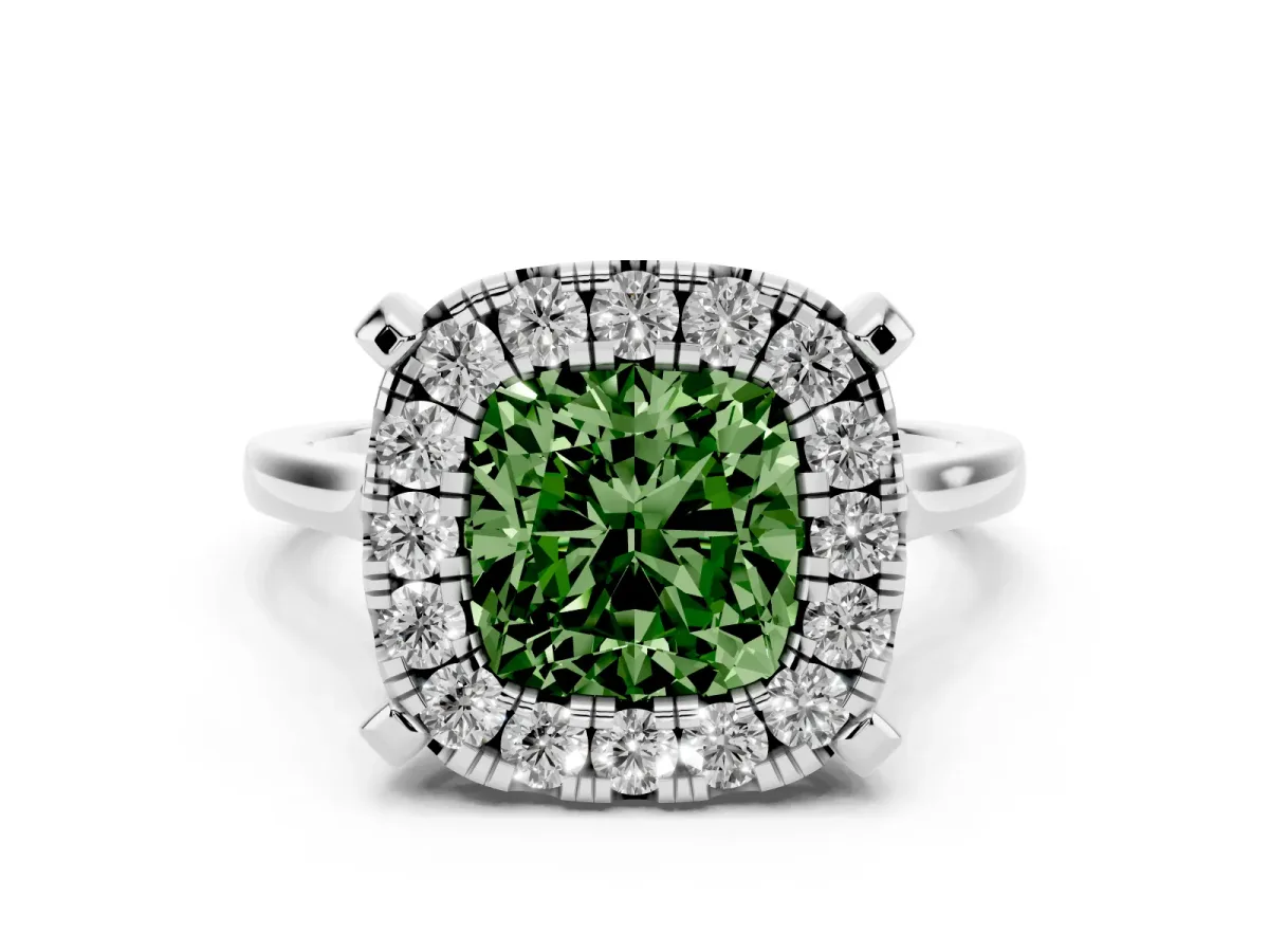 Fancy Green Cushion Cut Diamond Cluster Halo Solitaire with Four-Prong Setting Silver