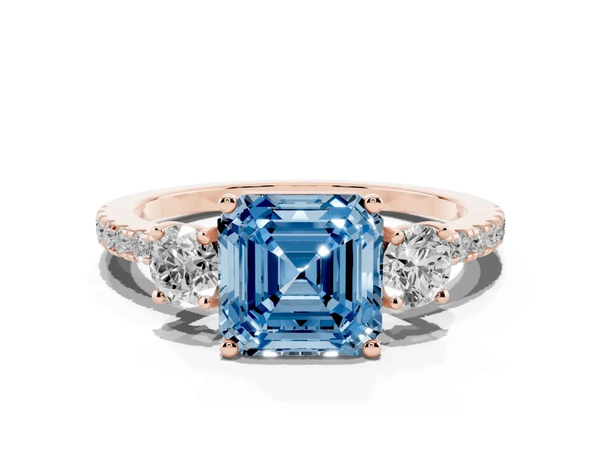 Fancy Blue Three-Stone Asscher Cut Cut Diamond Pavé Band with Prong Setting Rose gold