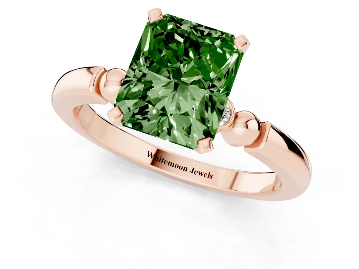 Fancy Green Radiant Cut Solitaire Beaded Band with Four-Prong Setting Rose gold