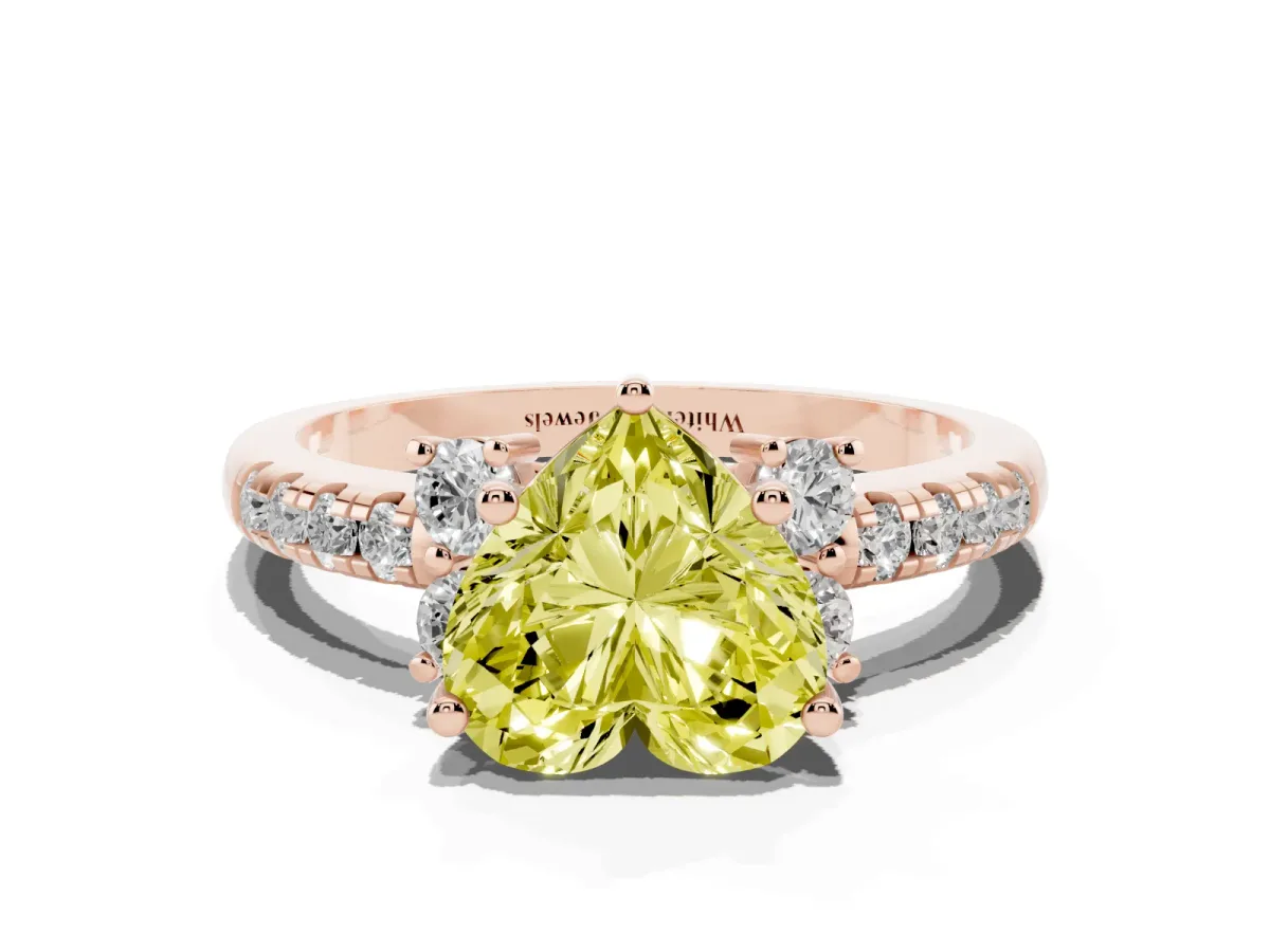 Fancy Yellow Heart Cut Diamond Three-Stone Pave Band with Four-Prong Setting Rose gold