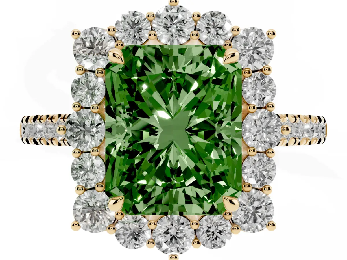Fancy Green Radiant Cut Halo Diamond Ring with Pavé Band and Prong Setting Yellow gold