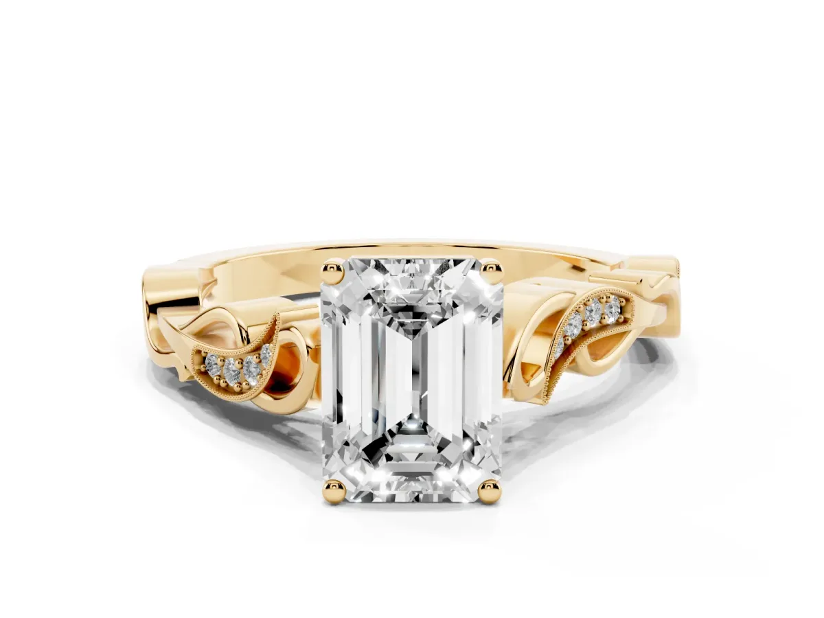 Emerald Cut Solitaire Vine Band with Milgrain Prong Setting Yellow gold