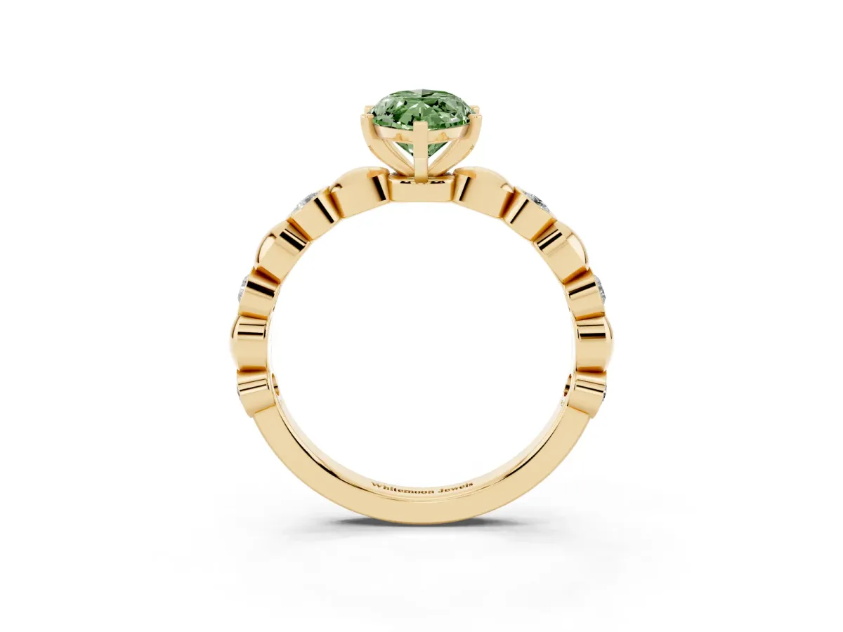 Fancy Green Marquise Cut Solitaire Bezel-Set Diamond Ring with Beaded Band and Four-Prong Setting Yellow gold