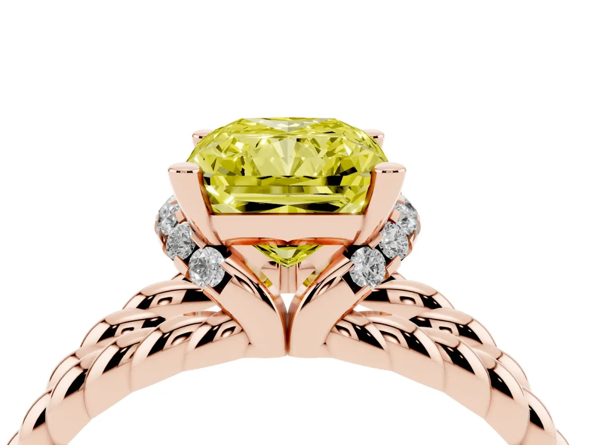 Fancy Yellow Radiant Cut Halo Twisted Band Four-Prong Ring Rose gold