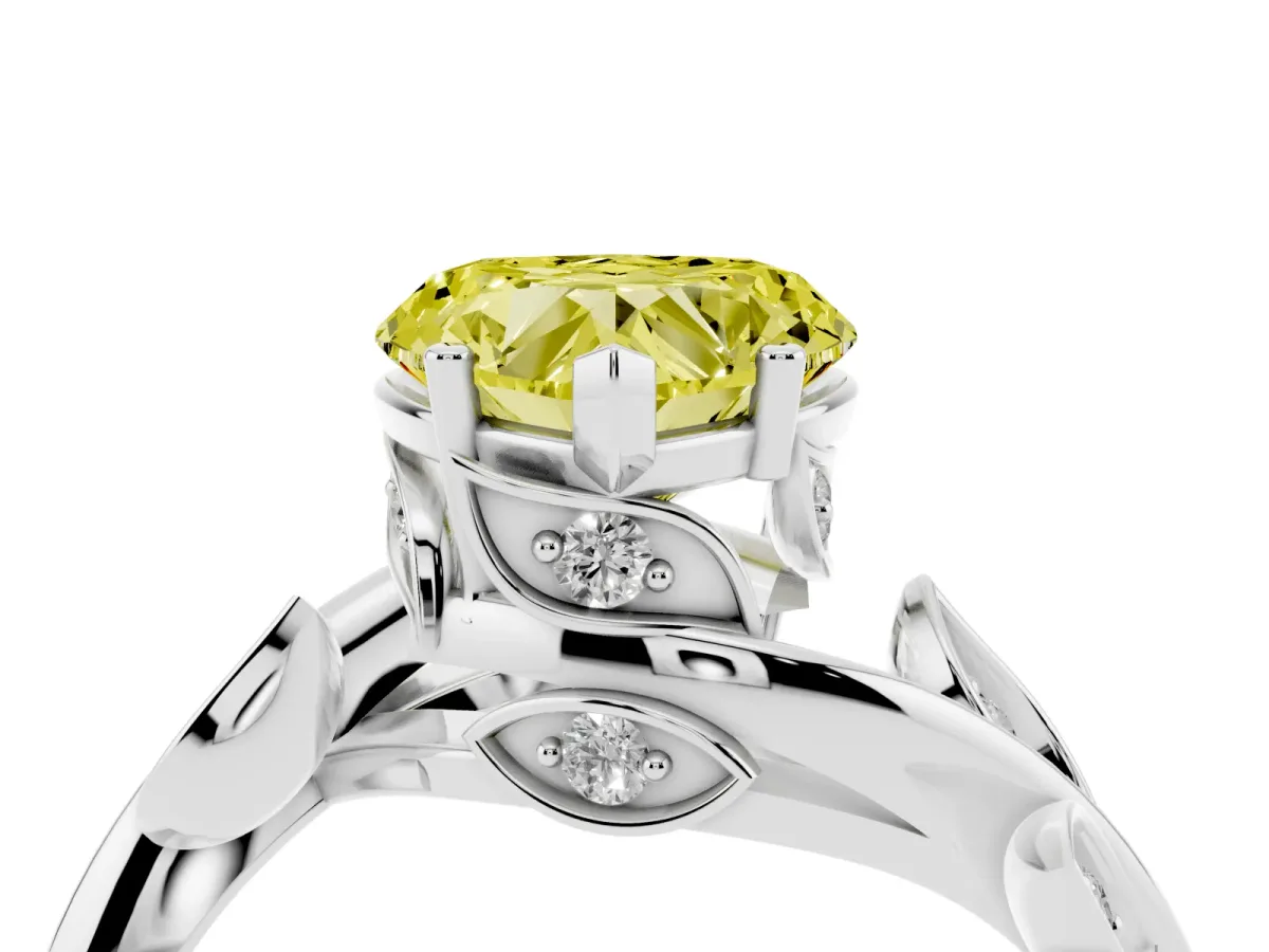Fancy Yellow Heart Cut Solitaire Twist Engagement Ring with Leaf Accents and Prong Setting White gold