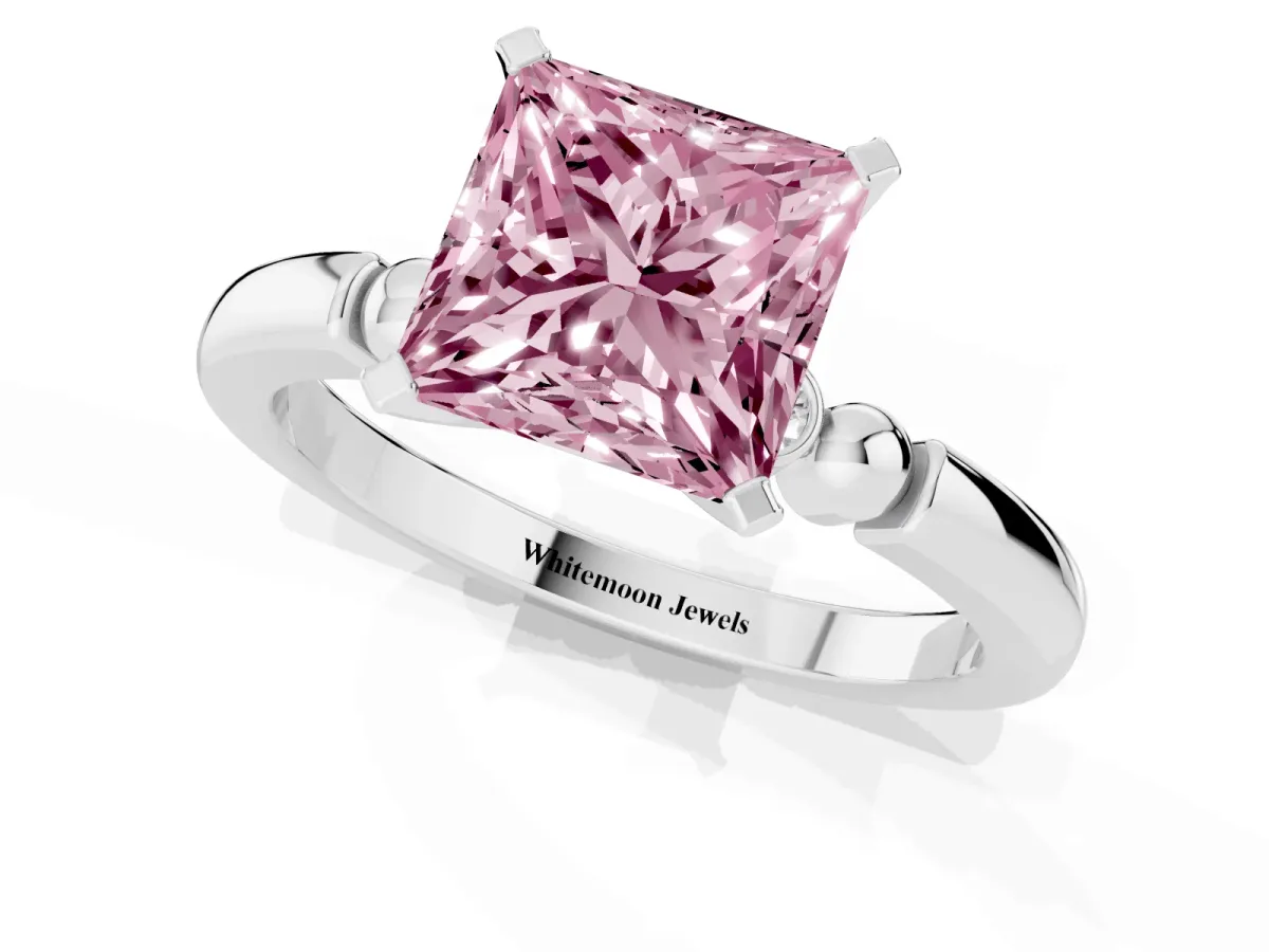 Fancy Pink Princess Cut Solitaire Beaded Band with Four-Prong Setting Silver
