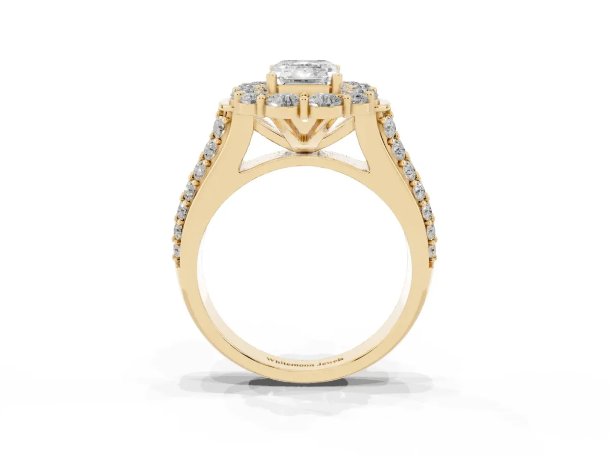 Emerald Cut Halo Diamond Engagement Ring with Split Shank and Prong Setting Yellow gold