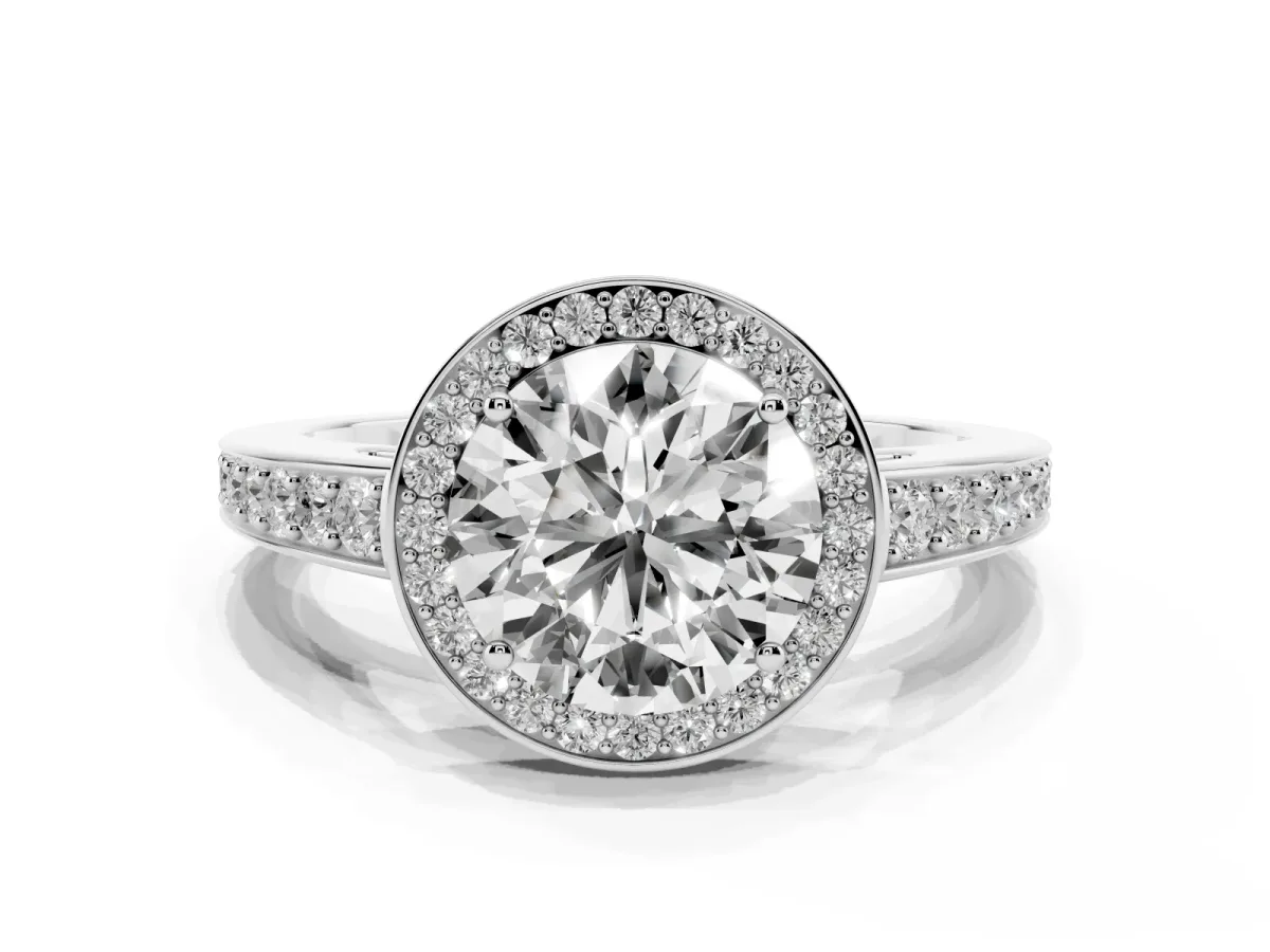 Round Cut Halo Pavé Diamond Engagement Ring with Bezel Setting White gold