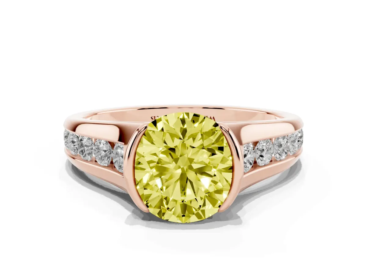 Fancy Yellow Round Cut Solitaire Bezel-Set Diamond Ring with Channel-Set Band Rose gold