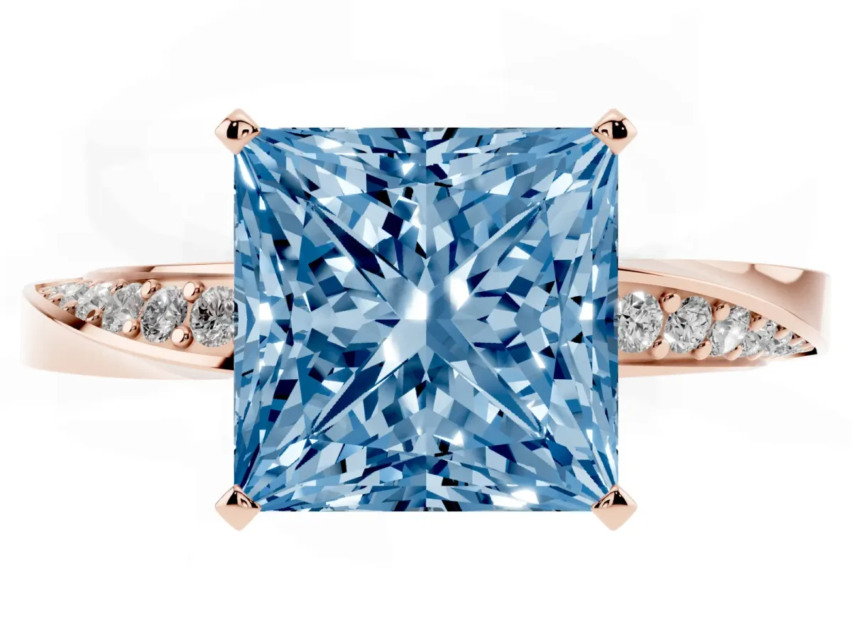 Fancy Blue Princess Cut Diamond Engagement Ring with Side Stone Accents and Four-Prong Setting Rose gold