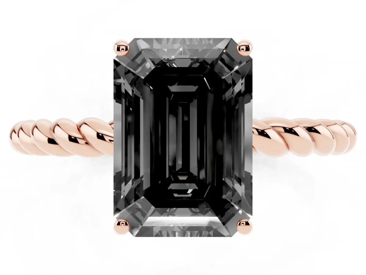 Fancy Black Emerald Cut Solitaire Twisted Band 4-Prong Ring Rose gold