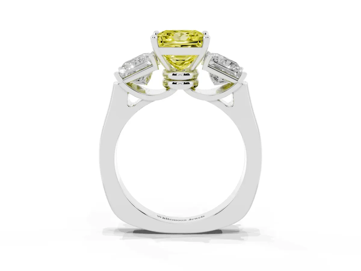 Fancy Yellow Three-Stone Princess Cut Brilliant Diamond Trellis Ring with Comfort Fit Band White gold