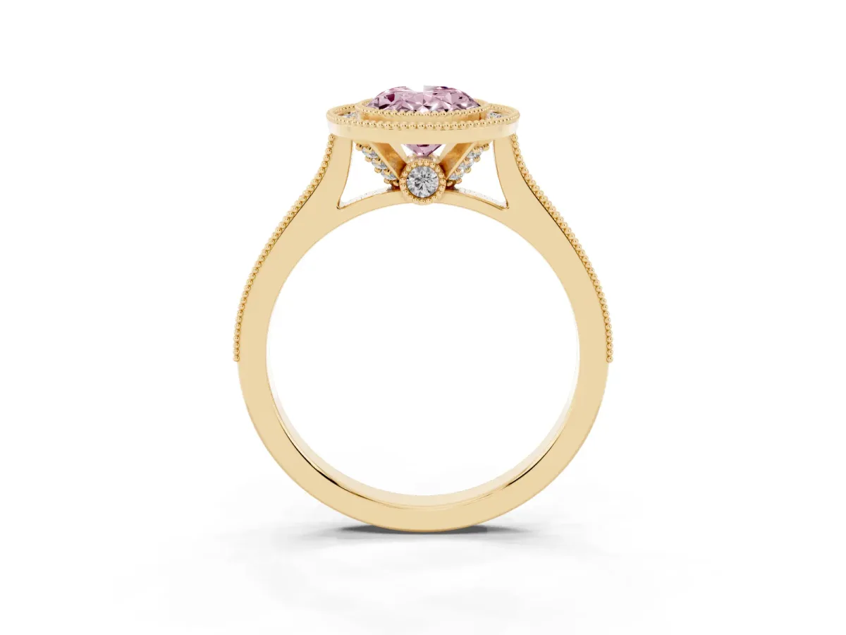 Fancy Pink Halo Oval Cut-Cut Diamond Pave Band Milgrain Prong Setting Ring Yellow gold