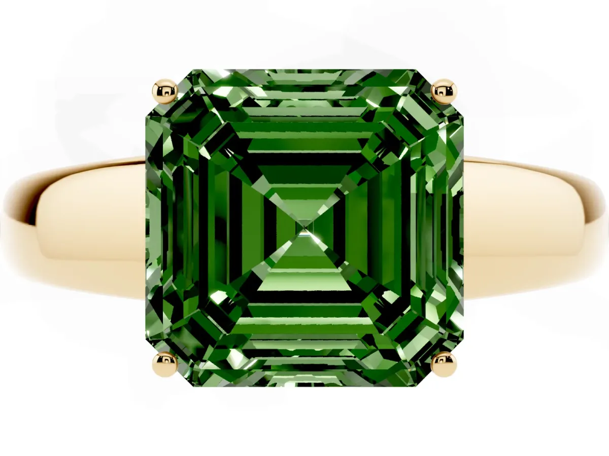 Fancy Green Asscher Cut Solitaire Diamond Ring with Tapered Band and Four-Prong Setting Yellow gold