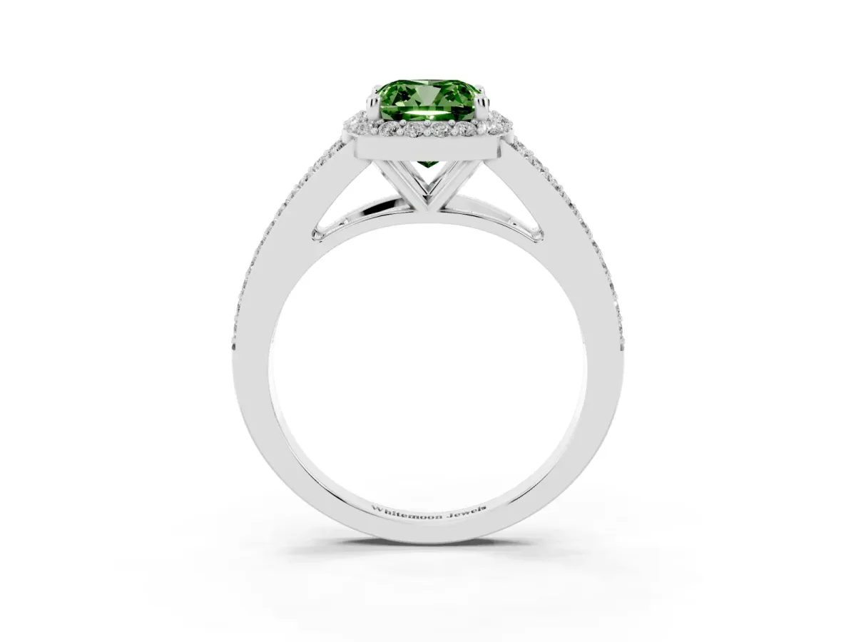 Fancy Green Cushion Cut Halo Split Shank Diamond Ring with Prong Setting Silver