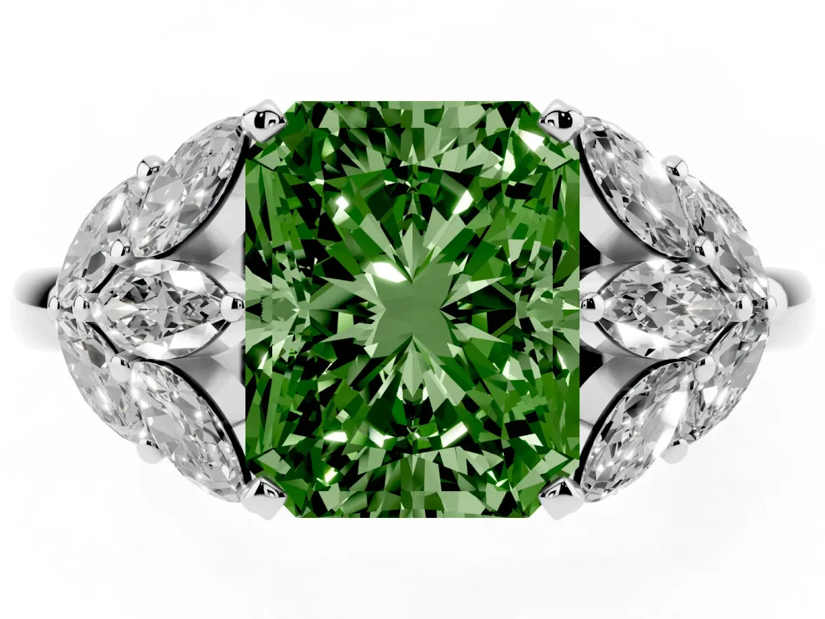 Fancy Green Radiant Cut Diamond Cluster Leaf Design Ring with Prong Setting White gold