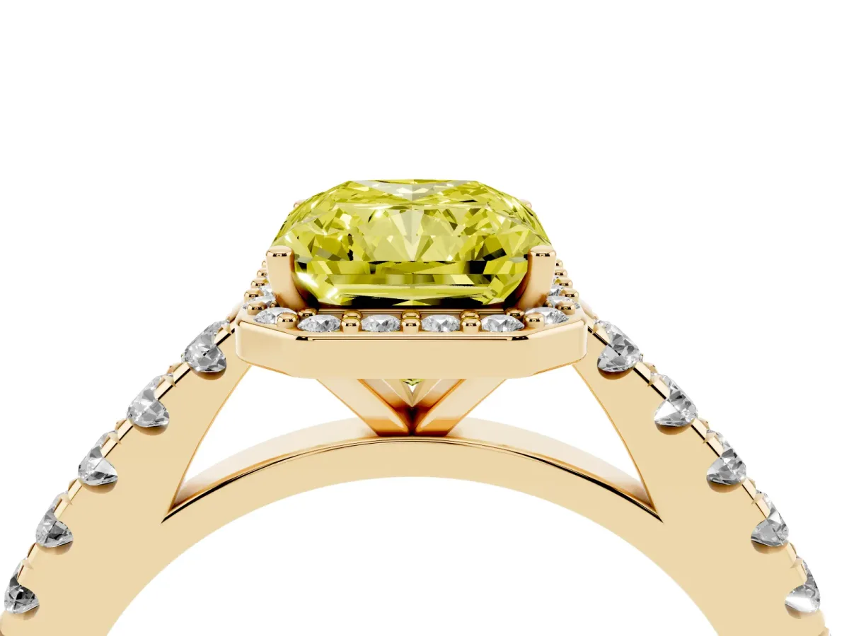 Fancy Yellow Radiant Cut Cut Halo Diamond Engagement Ring with Pave Band and Four-Prong Setting Yellow gold