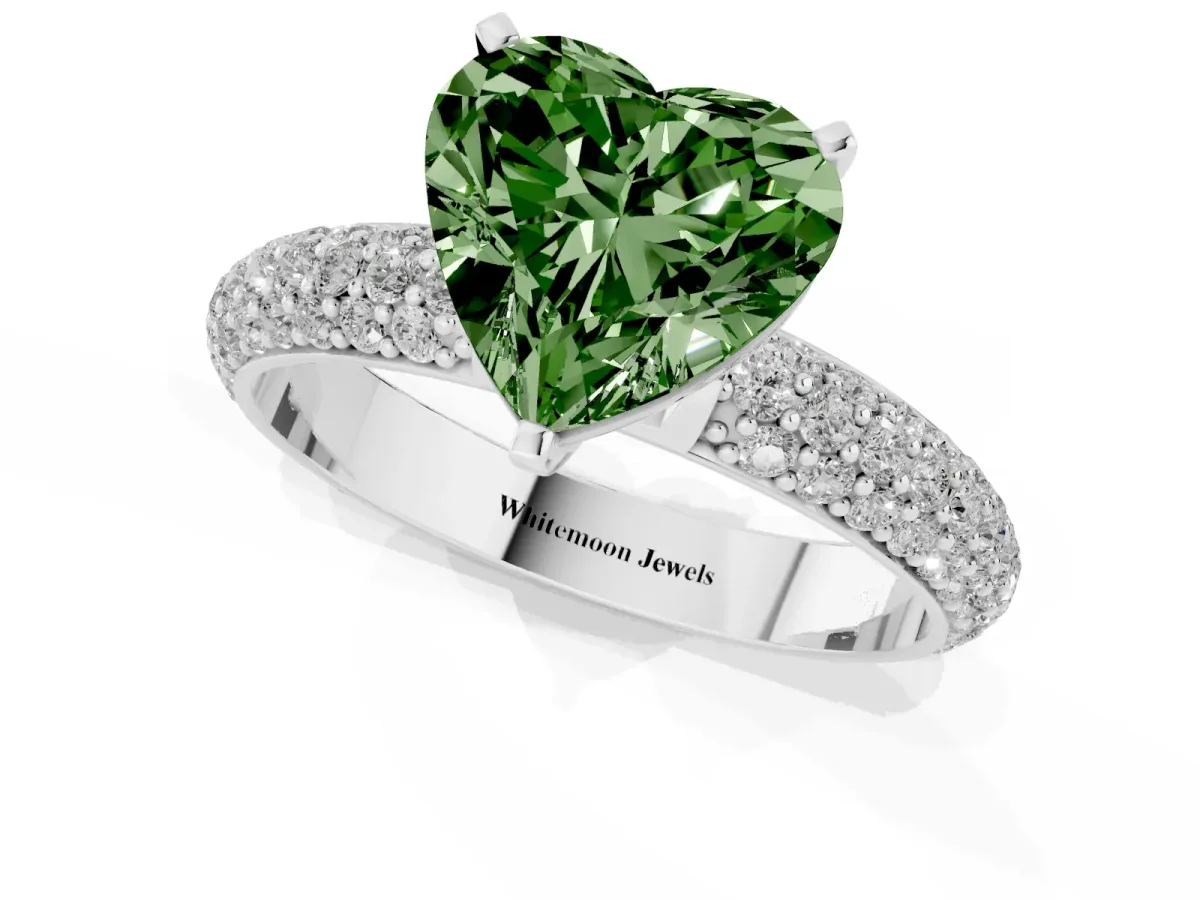 Fancy Green Heart Cut Diamond Solitaire Ring with Prong Setting and Pavé Band Silver