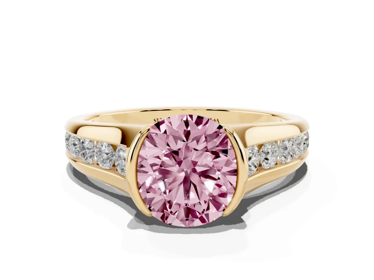 Fancy Pink Round Cut Solitaire Bezel-Set Diamond Ring with Channel-Set Band Yellow gold
