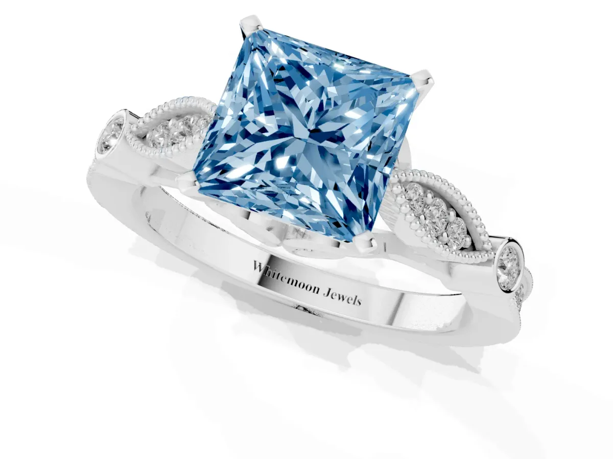 Fancy Blue Princess Cut Cut Diamond with Milgrain Marquise and Bezel Accents on a Solitaire Band with Prong Setting Silver