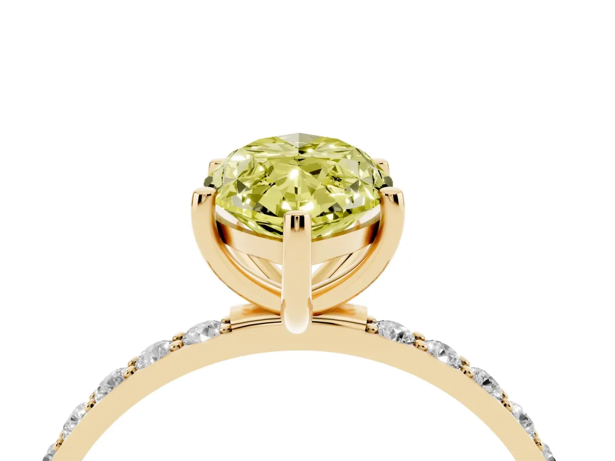 Fancy Yellow Marquise Cut Diamond Solitaire Ring with Round Pavé Shoulders and Prong Setting Yellow gold