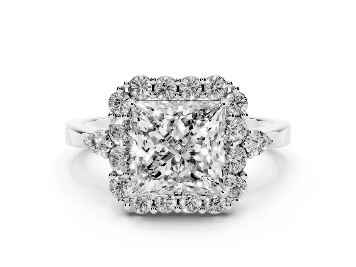 Princess Cut Diamond Halo Ring with Pear Side Stones and Prong Setting Silver
