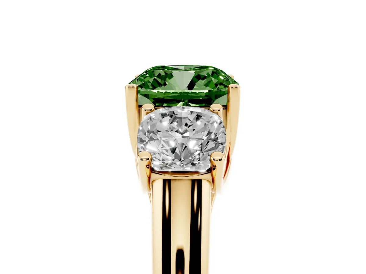 Fancy Green Three-Stone Cushion Cut Diamond Engagement Ring with Prong Setting Yellow gold