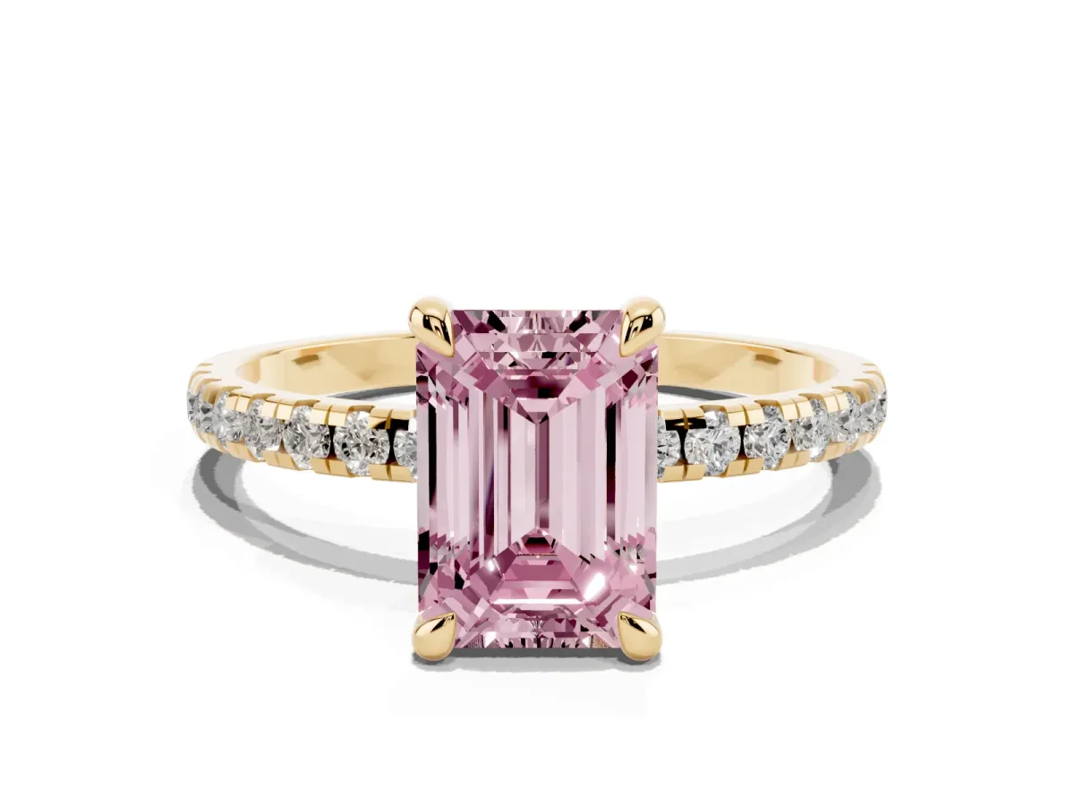 Fancy Pink Emerald Cut Diamond Brilliant Solitaire Ring with Pavé Band and Four-Prong Setting Yellow gold