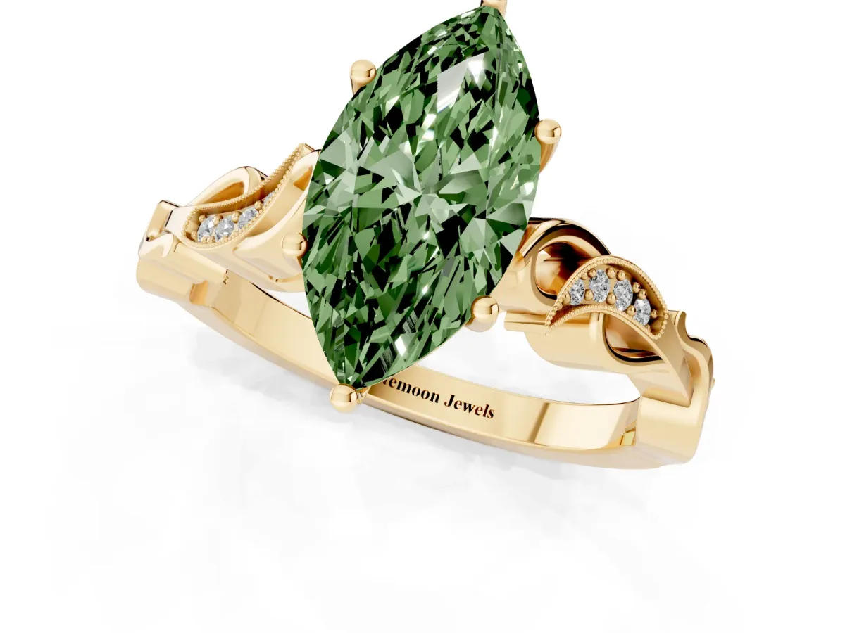 Fancy Green Marquise Cut Solitaire Vine Band with Milgrain Prong Setting Yellow gold