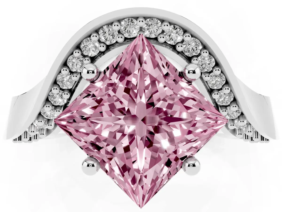 Fancy Pink Princess Cut Solitaire Diamond Engagement Ring with Pave Band and Four-Prong Setting Platinum