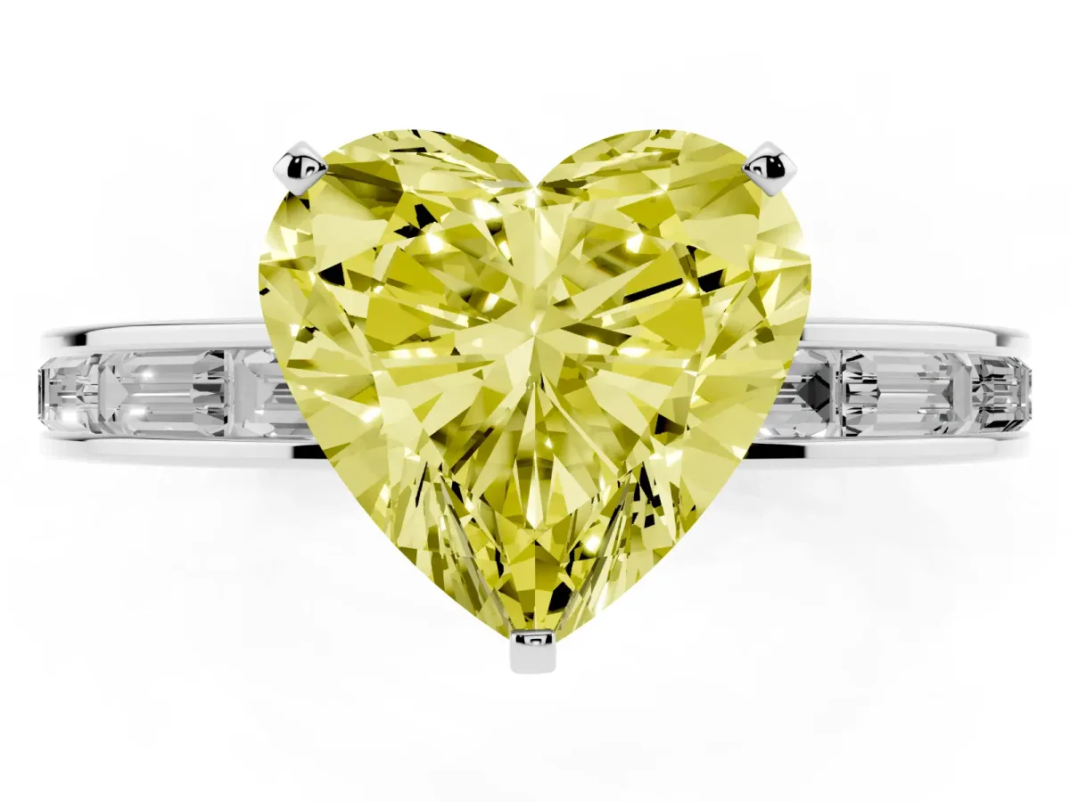 Fancy Yellow Heart Cut Solitaire Diamond Ring with Channel-Set Baguette Band and Four-Prong Setting Silver