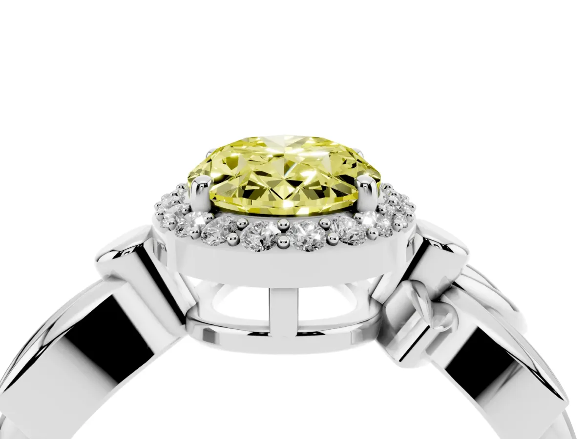 Fancy Yellow Oval Cut Halo Diamond Floral Band with Four-Prong Setting Silver