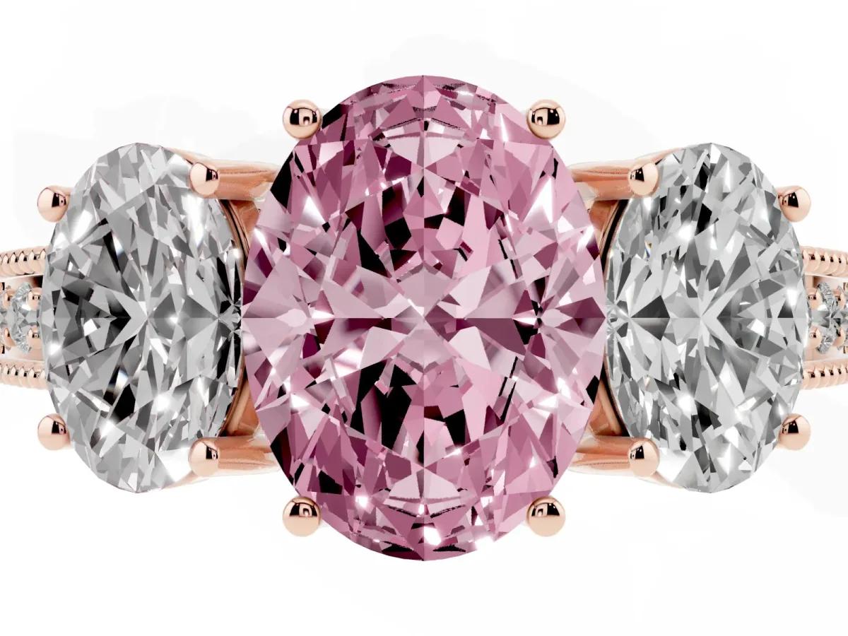 Fancy Pink Three-Stone Oval Cut Cut Milgrain Pavé Engagement Ring Rose gold