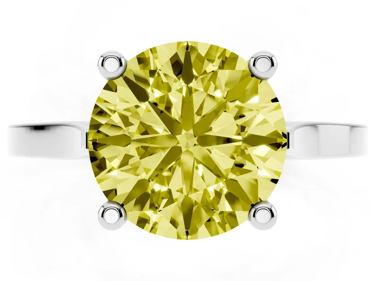 Fancy Yellow Round Cut Solitaire Diamond Ring with Four-Prong Setting and Tapered Band Silver