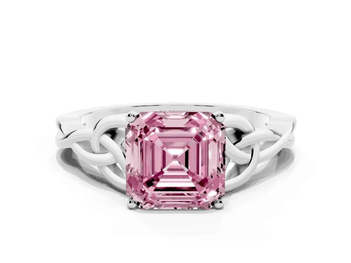 Fancy Pink Asscher Cut Diamond Solitaire Engagement Ring with Celtic Knot Band and Four-Prong Setting Silver