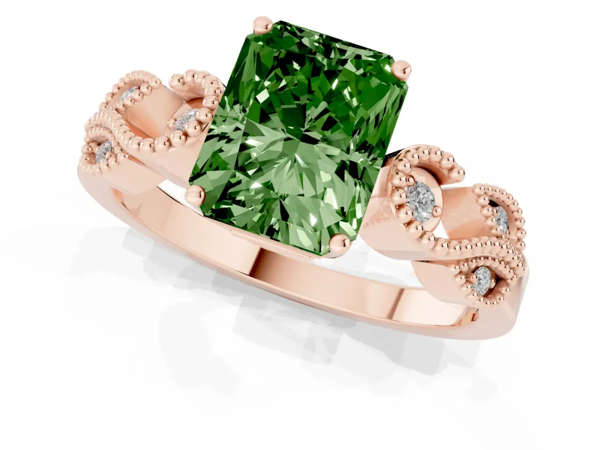 Fancy Green Princess Cut Solitaire Milgrain Leaf Band with Prong Setting Rose gold
