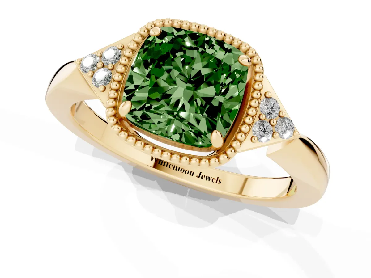 Fancy Green Hexagonal Halo Cushion Cut Diamond Solitaire with Pavé Band and Four-Prong Setting Yellow gold