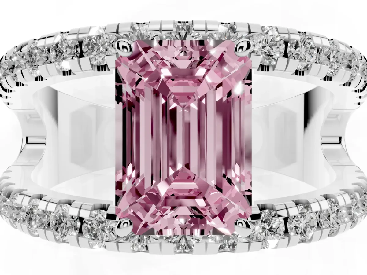 Fancy Pink Emerald Cut Solitaire Split Shank Pave Diamond Ring Silver