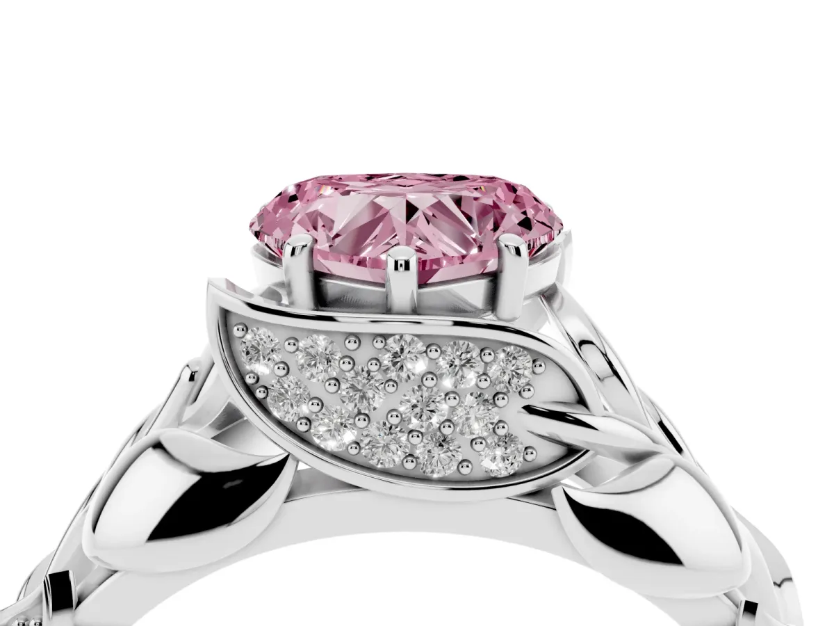 Fancy Pink Heart Cut Diamond Leaf-Inspired Engagement Ring with Round Accents and Prong Setting White gold