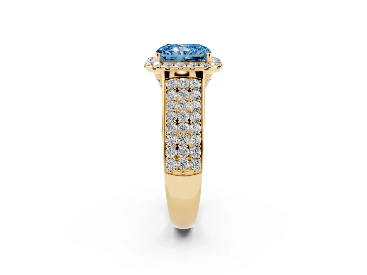 Fancy Blue Radiant Cut Halo Round Diamond Pave Band with Prong Setting Yellow gold