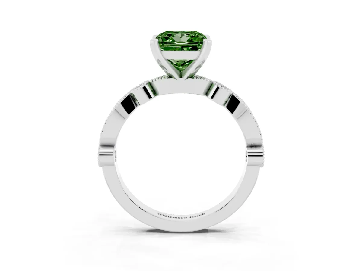 Fancy Green Princess Cut Milgrain Bezel Diamond Engagement Ring with Solitaire Prong Setting Silver