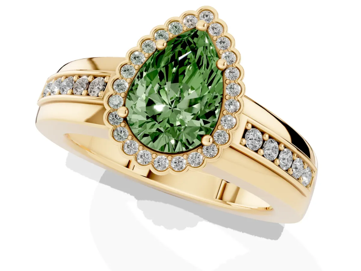 Fancy Green Pear Cut Cut Halo Pave Band Four-Prong Ring Yellow gold
