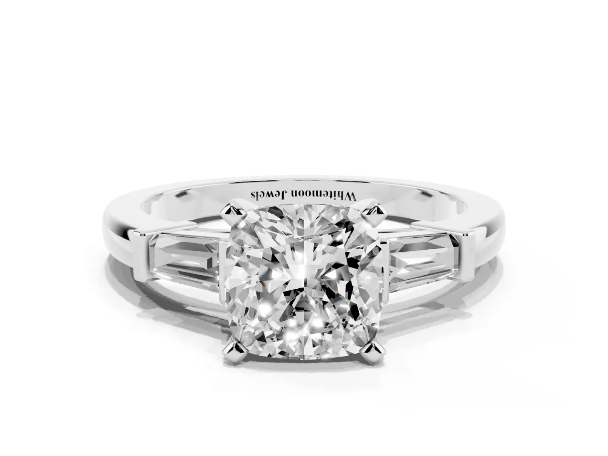 Cushion Cut Cut Diamond Solitaire Ring with Tapered Baguette Accents and Four-Prong Setting White gold